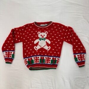 Vintage Jitterbug Teddy Bear Christmas Sweater Kids Size L 14 Red Holiday Knit